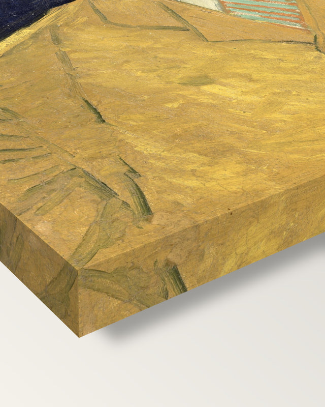 Eugène Boch by Vincent van Gogh on stretched canvas, corner close-up: the painting mirror-wrapped round the sides