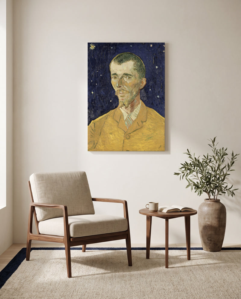 Eugène Boch by Vincent van Gogh as a stretched canvas above a linen lounge chair in a reading corner