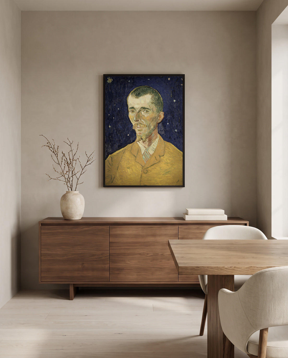 Eugène Boch by Vincent van Gogh in a black frame above a walnut sideboard in a dining room