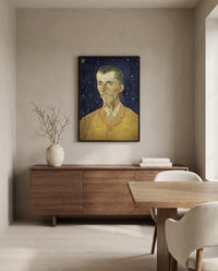 Eugène Boch by Vincent van Gogh in a black frame above a walnut sideboard in a dining room
