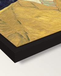 Eugène Boch by Vincent van Gogh framed canvas, corner close-up: a black floating frame with a shadow gap round the canvas