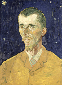 Eugène Boch by Vincent van Gogh: a thin man in a yellow jacket against a deep blue sky with small stars