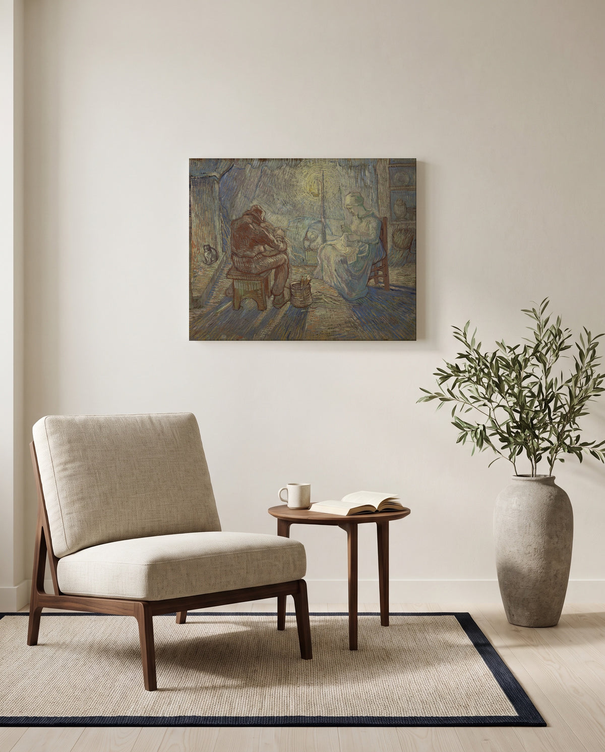 Evening (after Millet) by Vincent van Gogh as a stretched canvas above a linen lounge chair in a reading corner