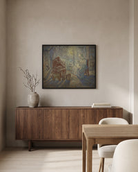 Evening (after Millet) by Vincent van Gogh in a black frame above a walnut sideboard in a dining room