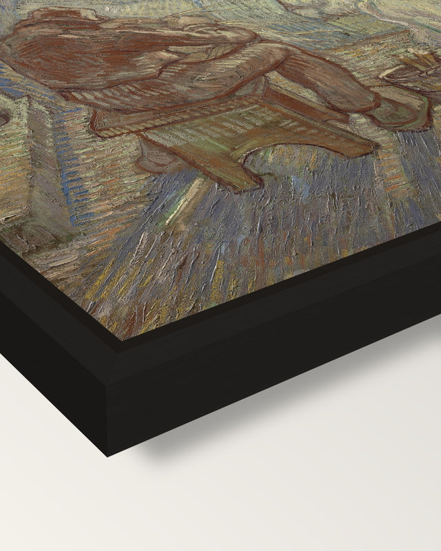 Evening (after Millet) by van Gogh framed canvas, corner close-up: a black floating frame with a shadow gap round the canvas