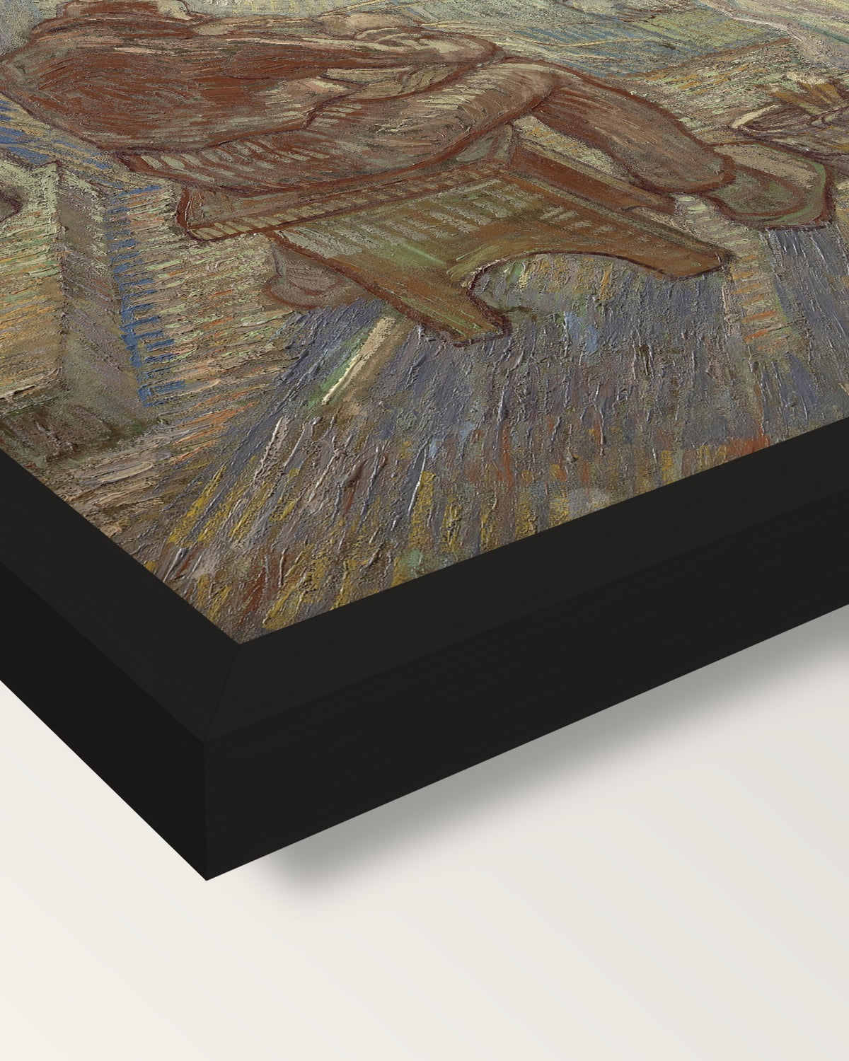 Evening (after Millet) by van Gogh framed print, corner close-up: black moulding, mitred, the print set just below its edge
