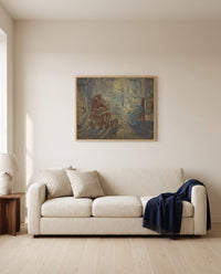 Evening (after Millet) by Vincent van Gogh framed in natural oak above a cream sofa in a warm living room