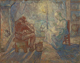 Evening by Vincent van Gogh after Millet: a peasant couple at work by lamplight in a cottage, in violets and lilacs