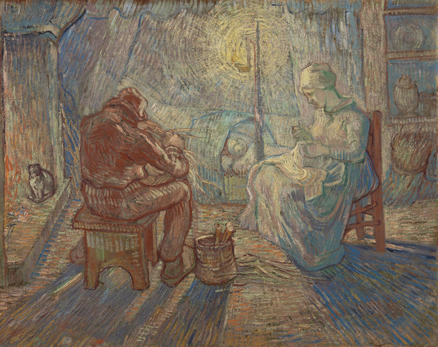 Evening by Vincent van Gogh after Millet: a peasant couple at work by lamplight in a cottage, in violets and lilacs