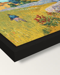 Farmhouse in Provence by van Gogh framed canvas, corner close-up: a black floating frame with a shadow gap round the canvas