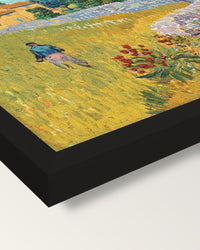 Farmhouse in Provence by van Gogh framed print, corner close-up: black moulding, mitred, the print set just below its edge