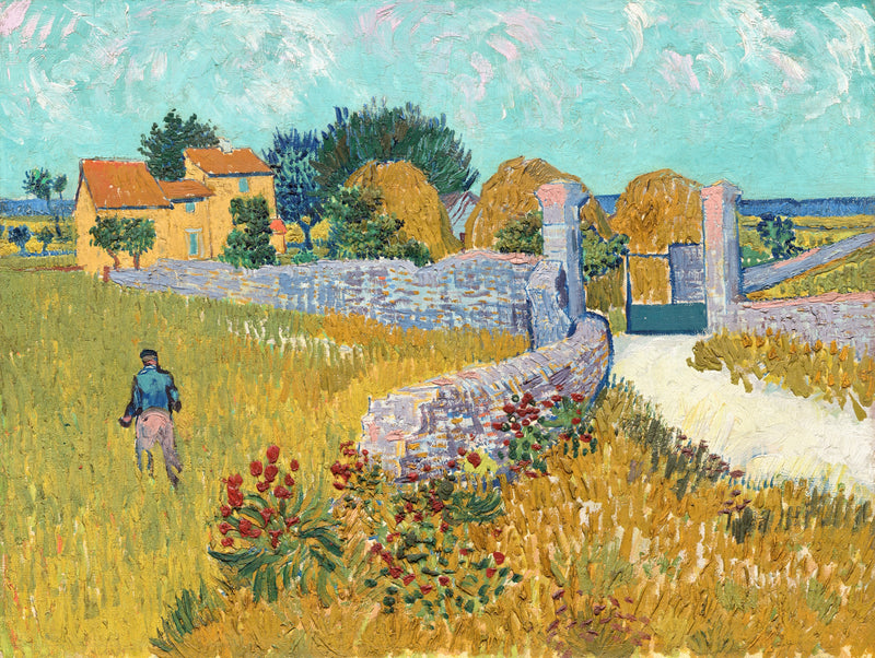 Farmhouse in Provence by Vincent van Gogh: an orange-roofed farmhouse behind a stone wall, golden grass, a turquoise sky