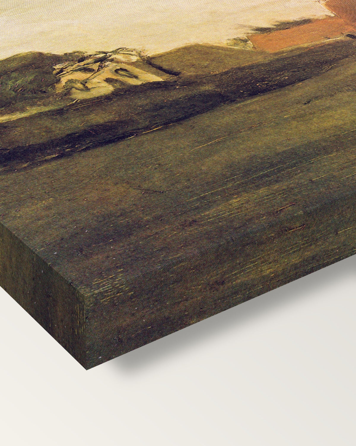Farmhouses in Loosduinen by van Gogh on stretched canvas, corner close-up: the painting mirror-wrapped round the sides