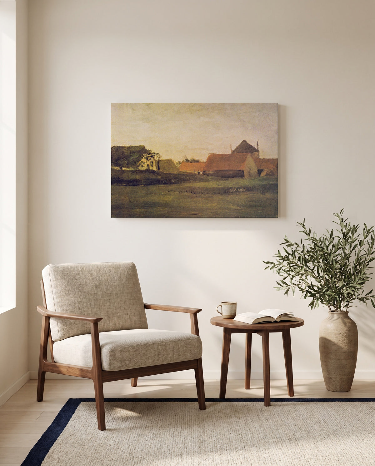 Farmhouses in Loosduinen by Vincent van Gogh as a stretched canvas above a linen lounge chair in a reading corner