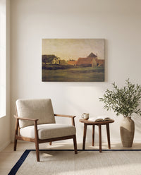 Farmhouses in Loosduinen by Vincent van Gogh as a stretched canvas above a linen lounge chair in a reading corner