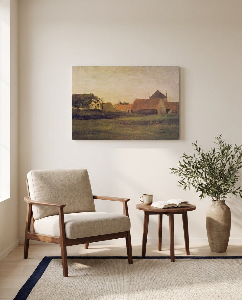 Farmhouses in Loosduinen by Vincent van Gogh as a stretched canvas above a linen lounge chair in a reading corner