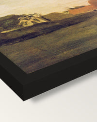 Farmhouses in Loosduinen by van Gogh framed print, corner close-up: black moulding, mitred, the print set just below its edge