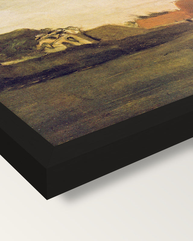 Farmhouses in Loosduinen by van Gogh framed print, corner close-up: black moulding, mitred, the print set just below its edge