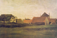 Farmhouses in Loosduinen by Vincent van Gogh: low red-roofed farm buildings along a flat field under a pale evening sky