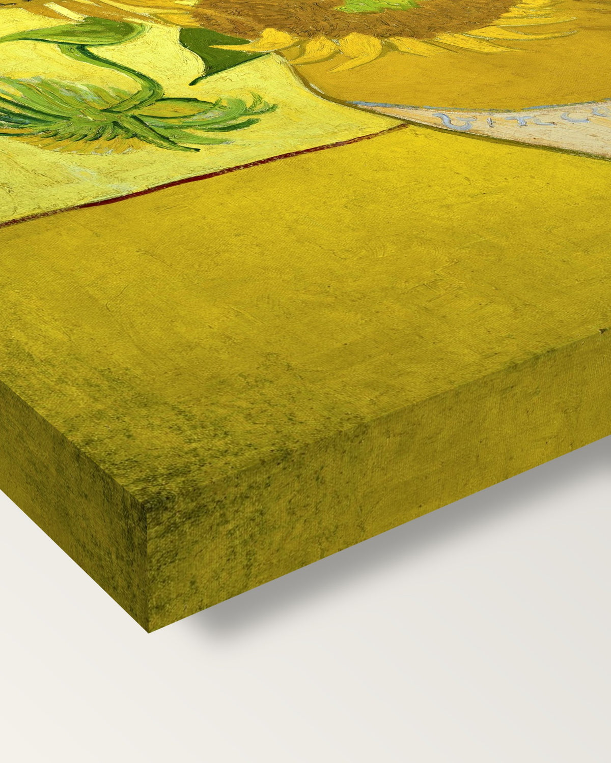 Fifteen Sunflowers by Vincent van Gogh on stretched canvas, corner close-up: the painting mirror-wrapped round the sides