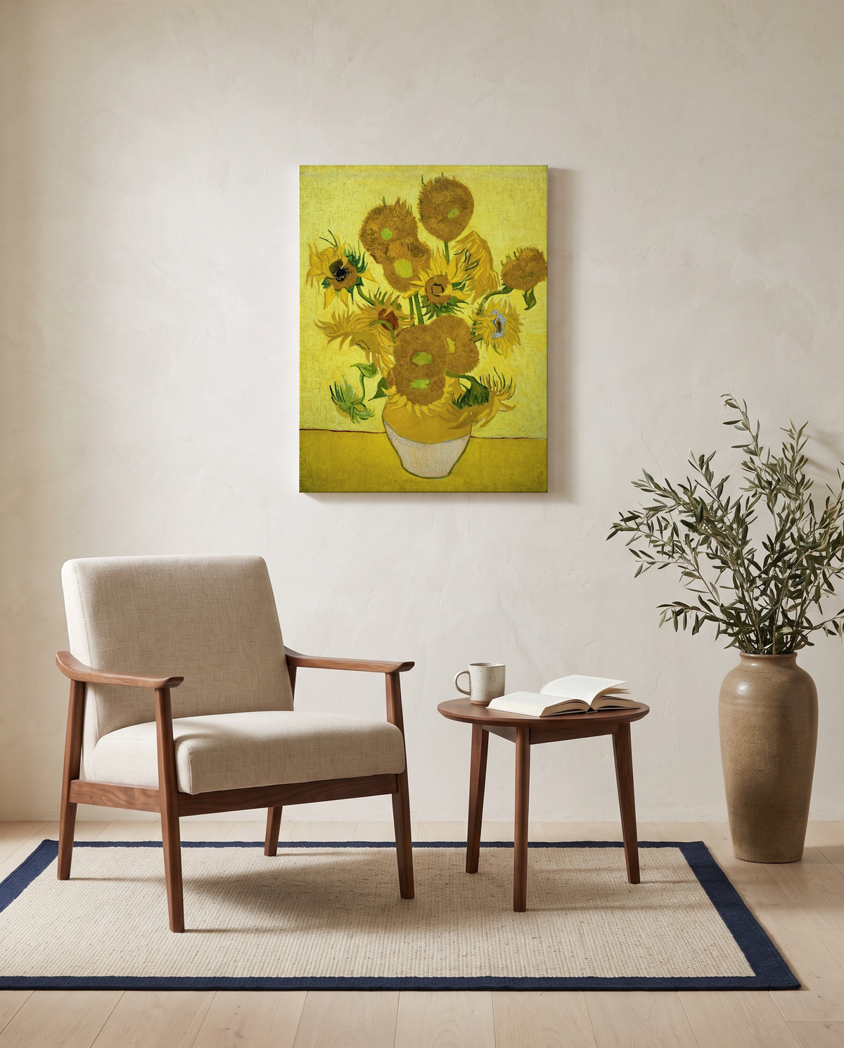 Fifteen Sunflowers by Vincent van Gogh as a stretched canvas above a linen lounge chair in a reading corner
