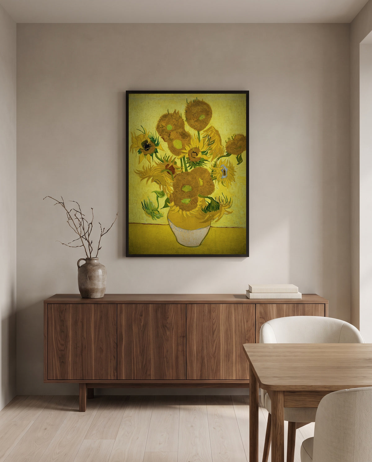 Fifteen Sunflowers by Vincent van Gogh in a black frame above a walnut sideboard in a dining room