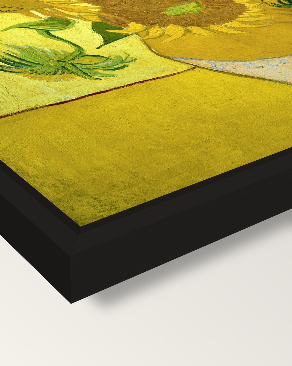 Fifteen Sunflowers by van Gogh framed canvas, corner close-up: a black floating frame with a shadow gap round the canvas