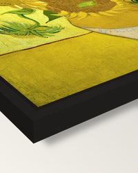 Fifteen Sunflowers by van Gogh framed canvas, corner close-up: a black floating frame with a shadow gap round the canvas