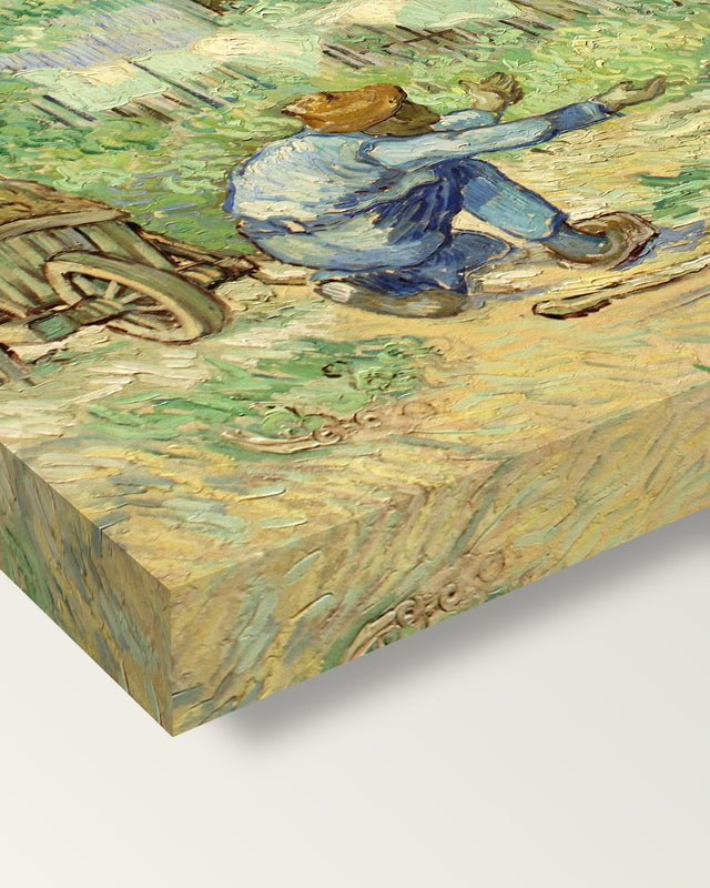 First Steps by Vincent van Gogh on stretched canvas, corner close-up: the painting mirror-wrapped round the sides