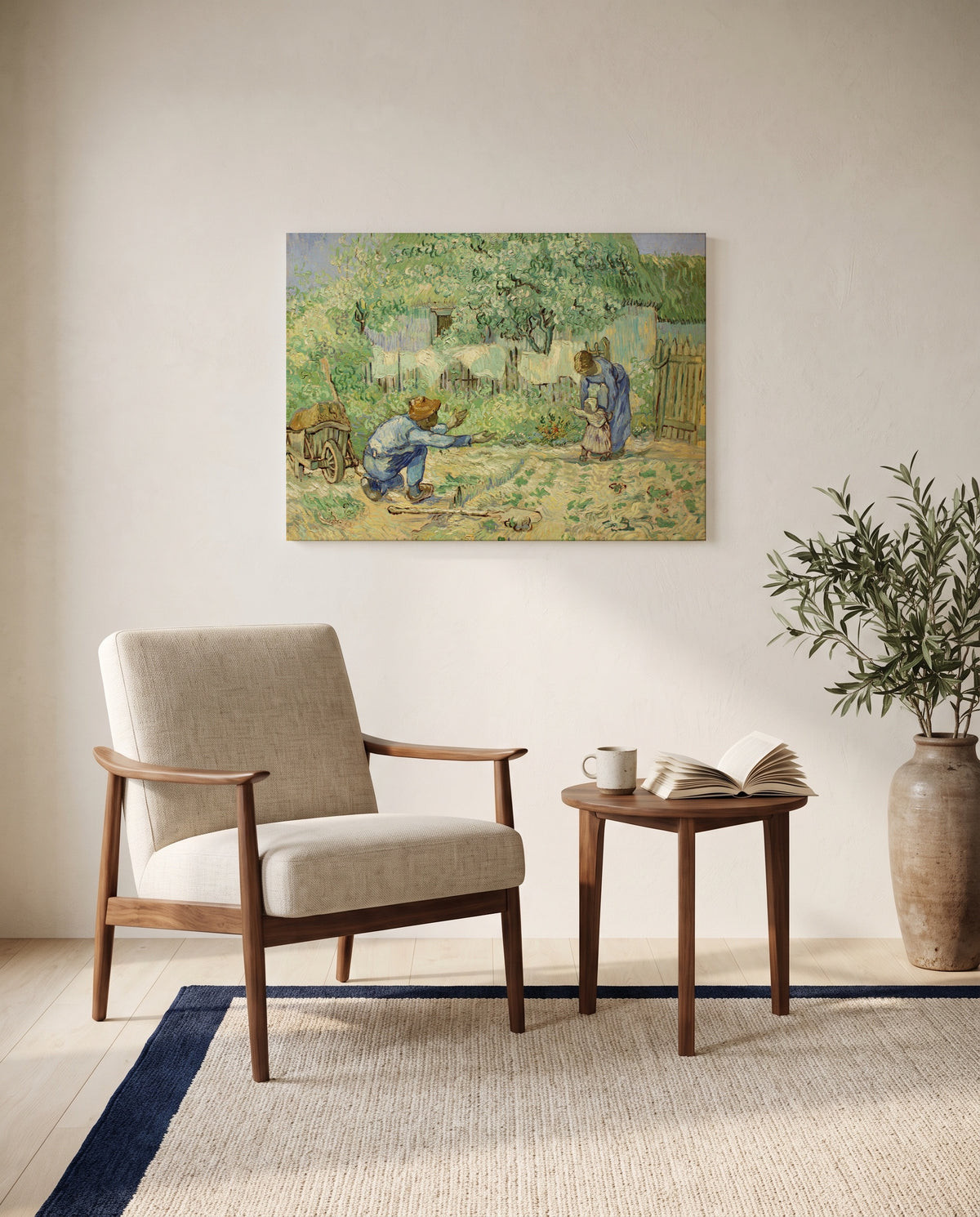 First Steps by Vincent van Gogh as a stretched canvas above a linen lounge chair in a reading corner
