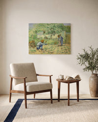 First Steps by Vincent van Gogh as a stretched canvas above a linen lounge chair in a reading corner