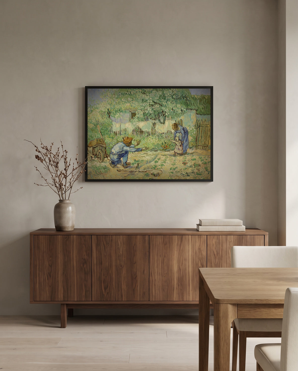 First Steps by Vincent van Gogh in a black frame above a walnut sideboard in a dining room