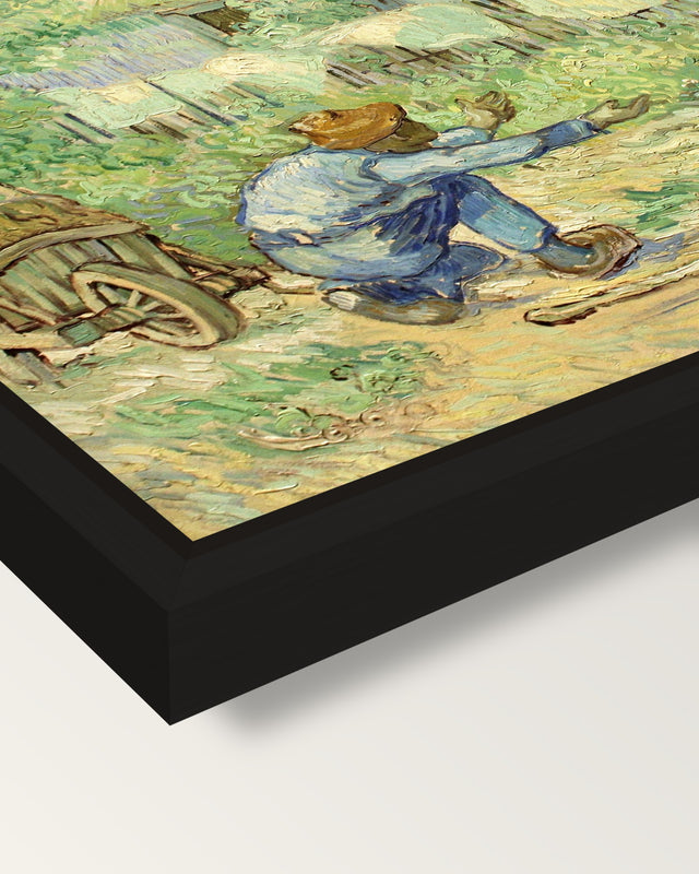 First Steps by Vincent van Gogh framed canvas, corner close-up: a black floating frame with a shadow gap round the canvas