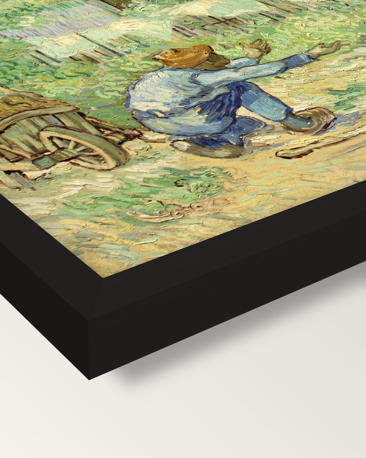 First Steps by Vincent van Gogh framed print, corner close-up: black moulding, mitred, the print set just below its edge