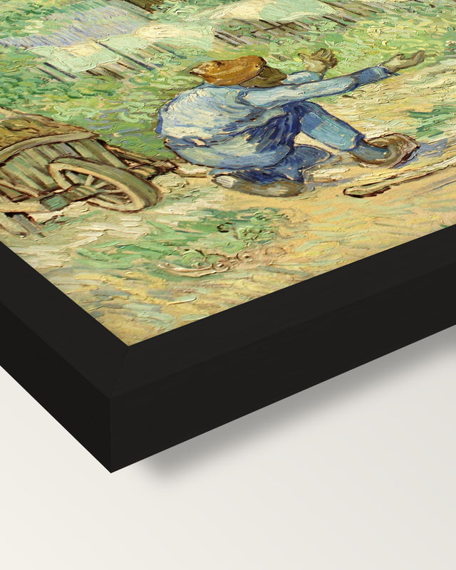 First Steps by Vincent van Gogh framed print, corner close-up: black moulding, mitred, the print set just below its edge