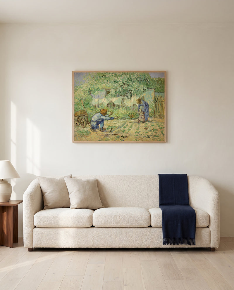 First Steps by Vincent van Gogh framed in natural oak above a cream sofa in a warm living room