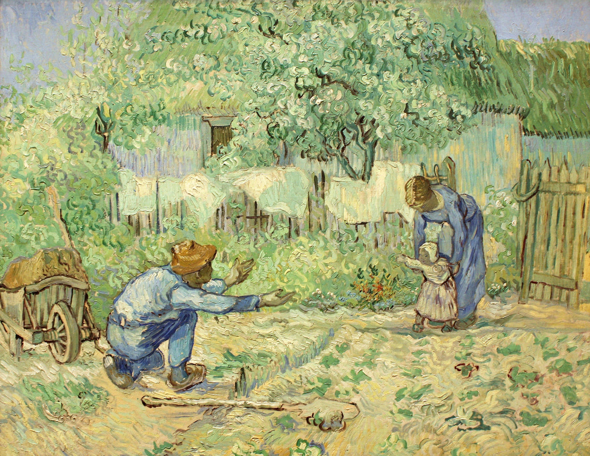 First Steps by Vincent van Gogh: a kneeling father opens his arms as a mother helps a toddler walk toward him in a garden