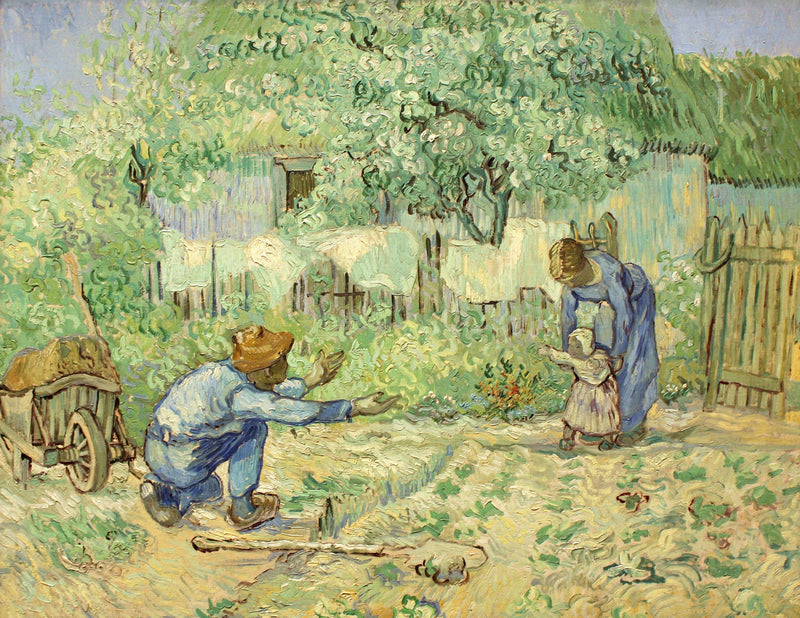 First Steps by Vincent van Gogh: a kneeling father opens his arms as a mother helps a toddler walk toward him in a garden
