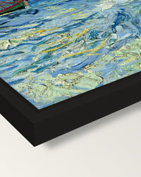 Fishing Boats at Sea by van Gogh framed canvas, corner close-up: a black floating frame with a shadow gap round the canvas