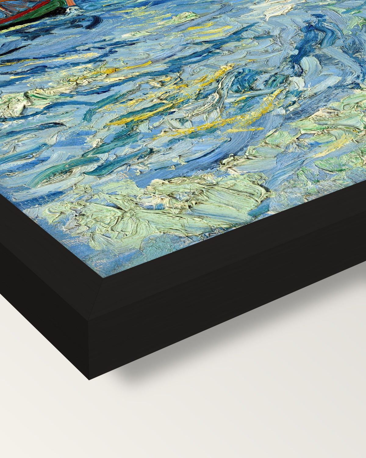 Fishing Boats at Sea by van Gogh framed print, corner close-up: black moulding, mitred, the print set just below its edge