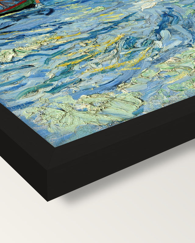 Fishing Boats at Sea by van Gogh framed print, corner close-up: black moulding, mitred, the print set just below its edge