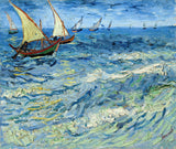 Fishing Boats at Sea by Vincent van Gogh: sailing boats on a rough blue-green sea with white crests in thick paint