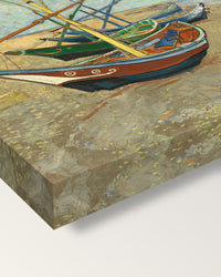 Fishing Boats on the Beach by van Gogh on stretched canvas, corner close-up: the painting mirror-wrapped round the sides