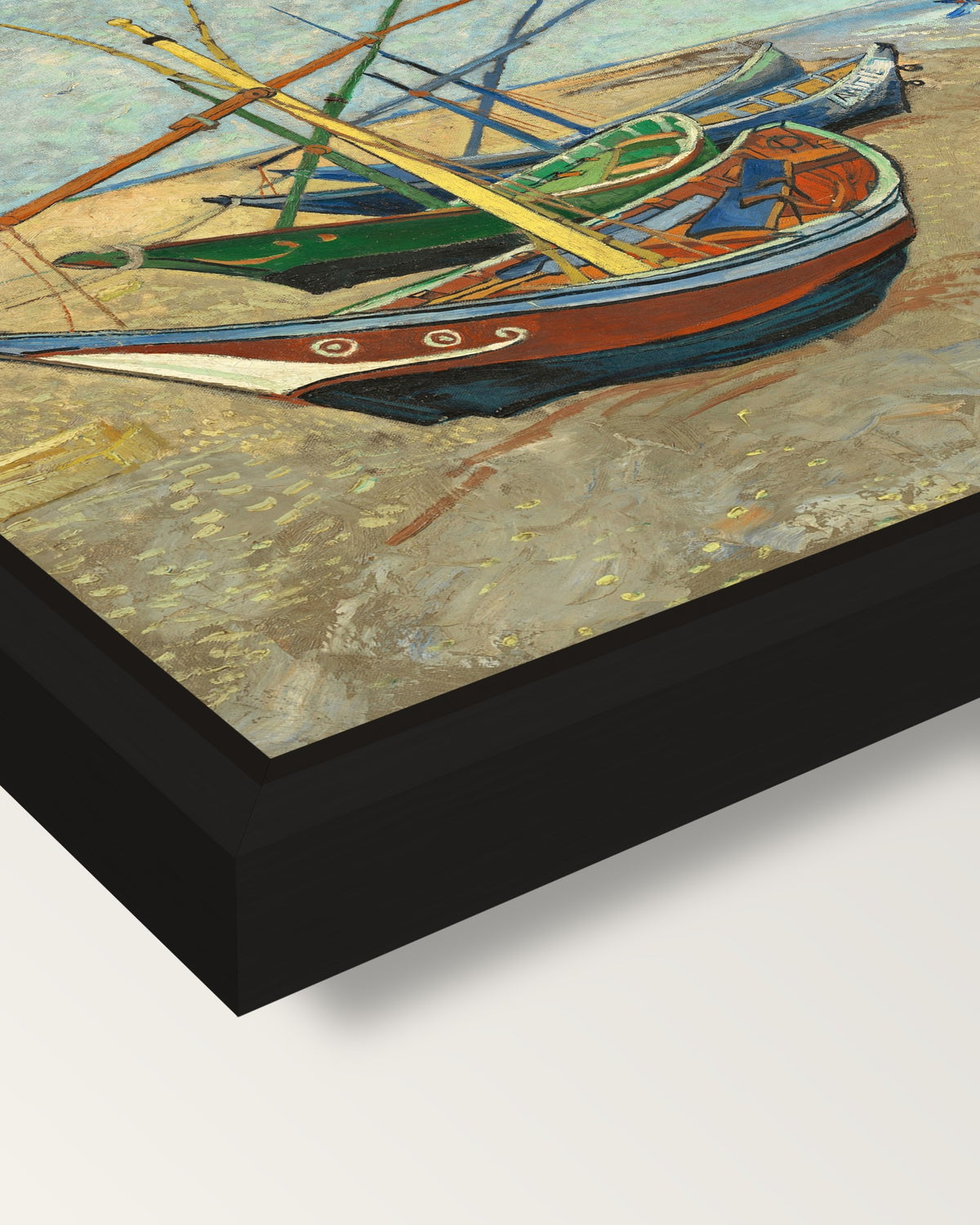 Fishing Boats on the Beach framed canvas, corner close-up: a black floating frame with a shadow gap round the canvas