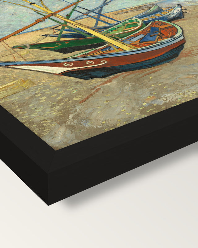 Fishing Boats on the Beach framed print, corner close-up: black moulding, mitred, the print set just below its edge