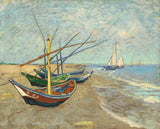 Fishing Boats on the Beach by Vincent van Gogh: four painted fishing boats pulled up on the sand, masts against a pale sky