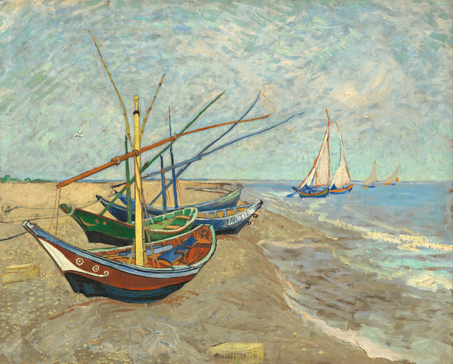 Fishing Boats on the Beach by Vincent van Gogh: four painted fishing boats pulled up on the sand, masts against a pale sky