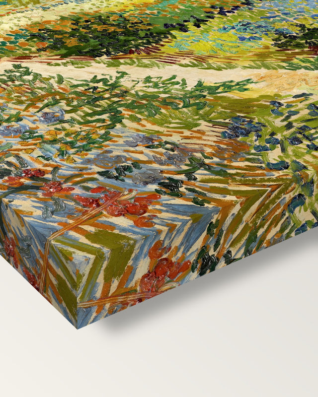Flowering Garden with Path by van Gogh on stretched canvas, corner close-up: the painting mirror-wrapped round the sides