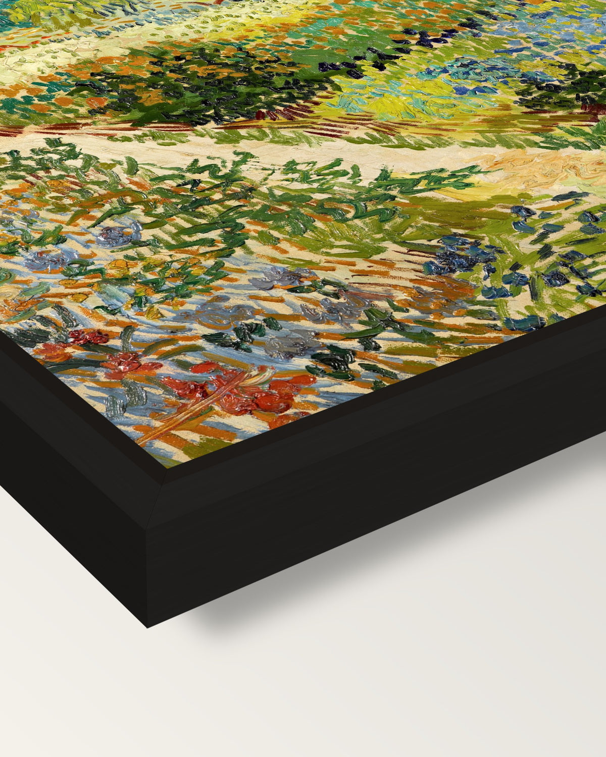 Flowering Garden with Path framed canvas, corner close-up: a black floating frame with a shadow gap round the canvas
