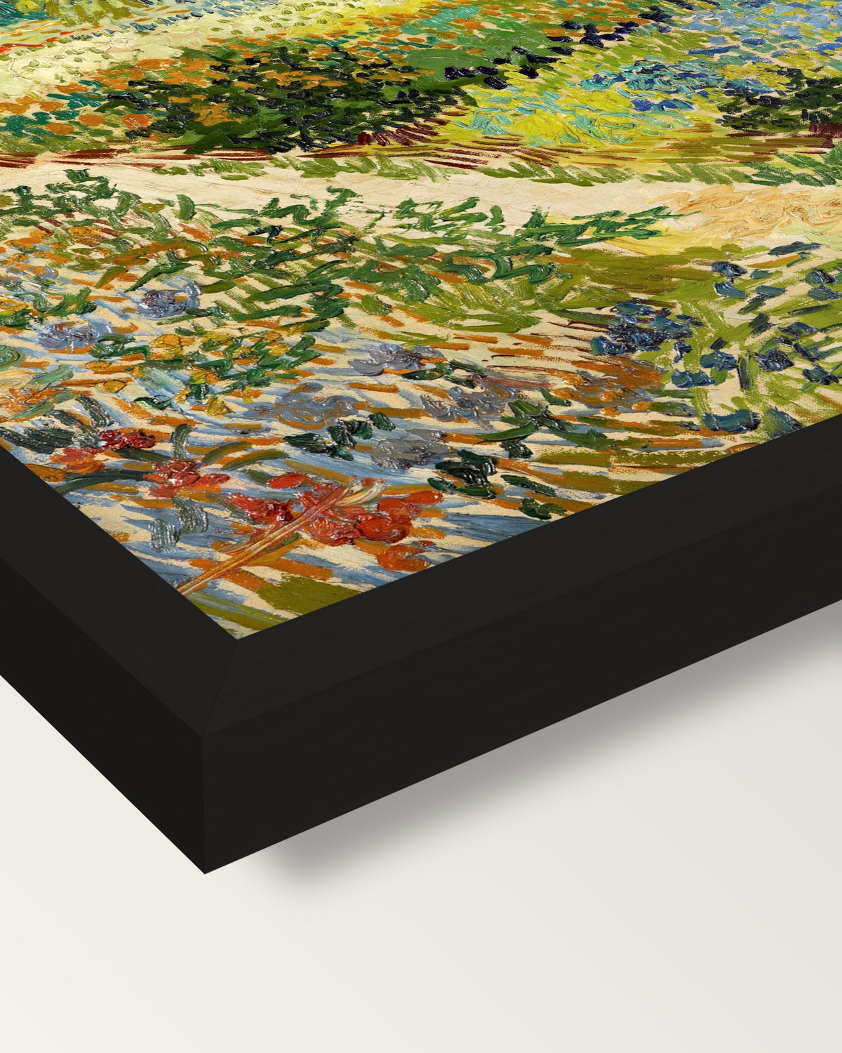 Flowering Garden with Path framed print, corner close-up: black moulding, mitred, the print set just below its edge